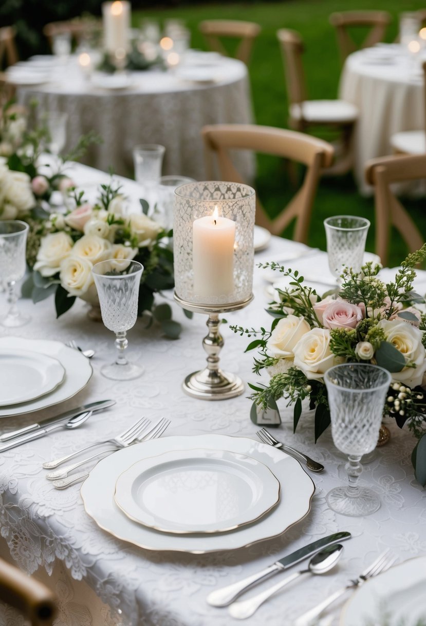 A white lace tablecloth adorned with floral centerpieces and candles in crystal holders. Silver cutlery and delicate china plates complete the classic wedding table setting