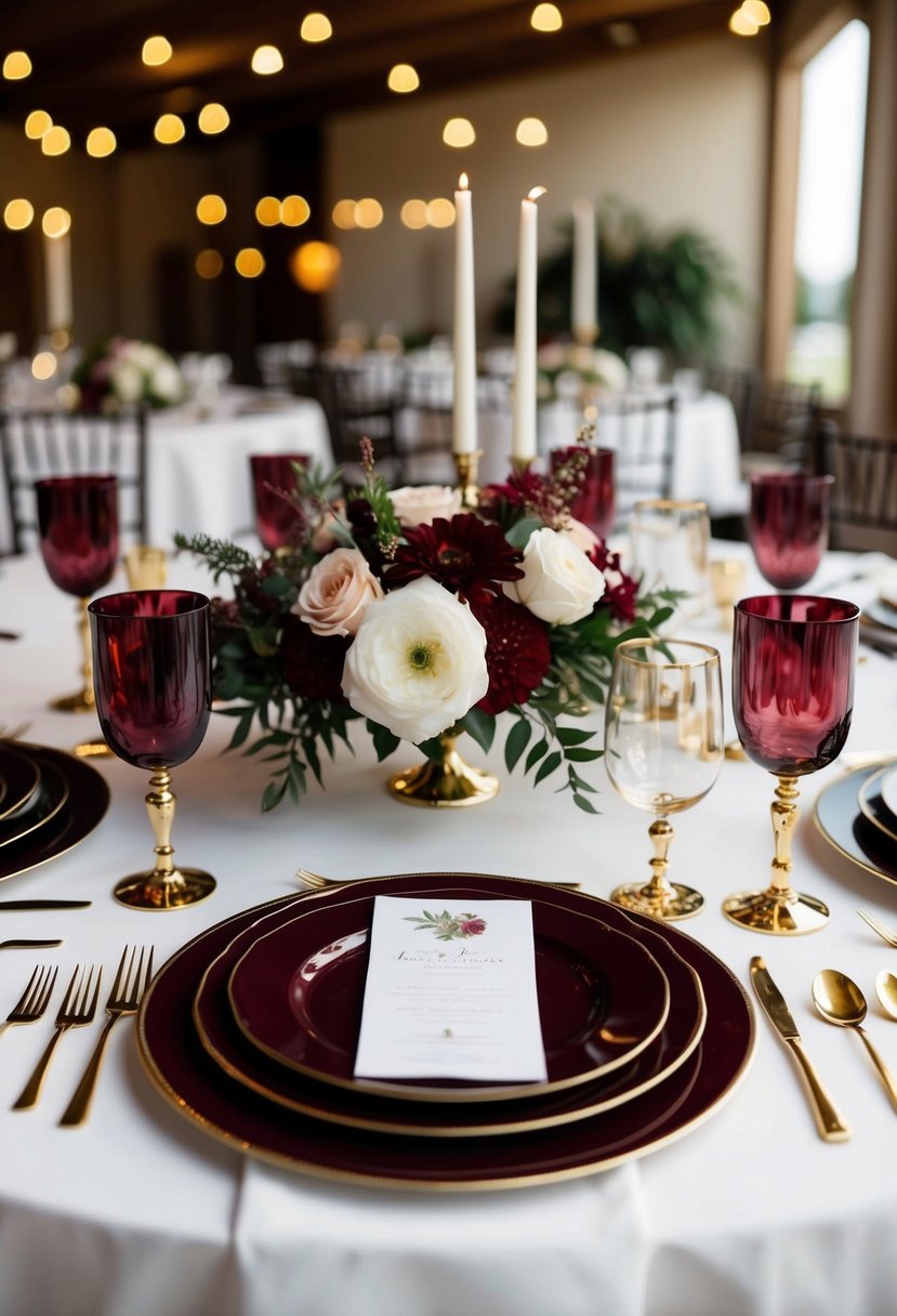 A table set with burgundy glassware, gold accents, and floral centerpieces for an elegant wedding decoration