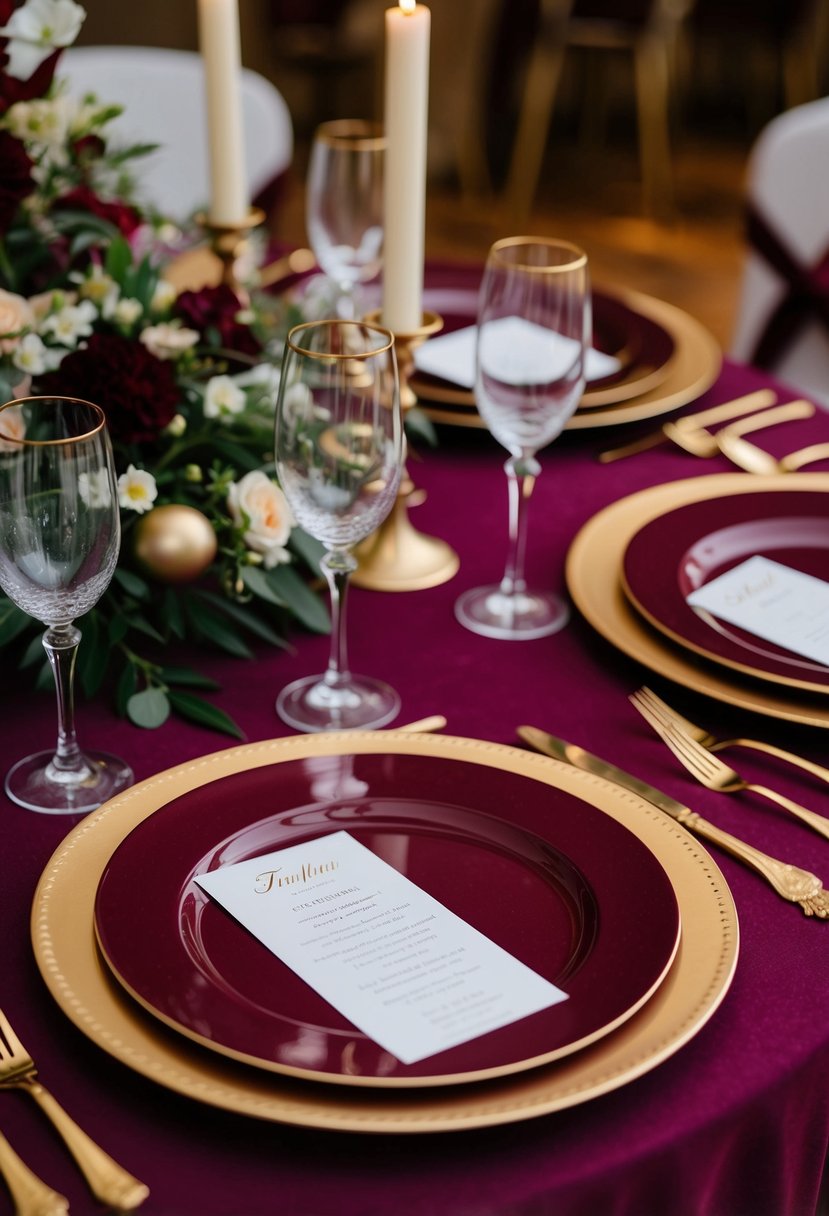 Gold-rimmed burgundy charger plates arranged on a rich burgundy wedding table with elegant decorations