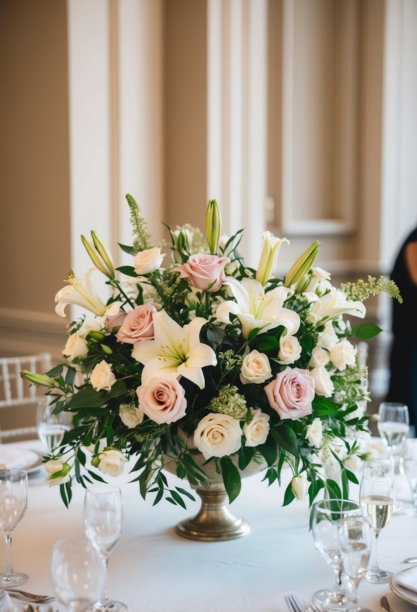 An elegant floral centerpiece adorns a wedding table, featuring a classic arrangement of roses, lilies, and greenery