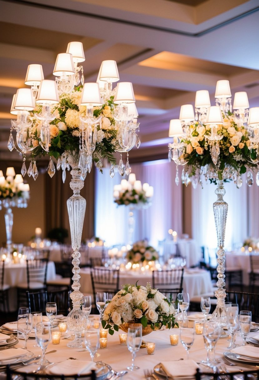 A grand wedding table adorned with crystal candelabras and elegant floral arrangements