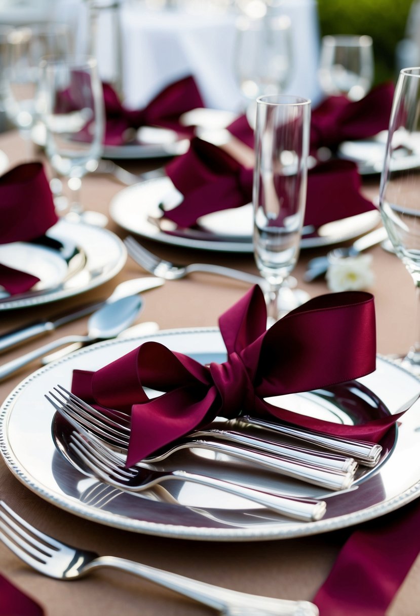 Burgundy ribbons tied around silver cutlery on a wedding table