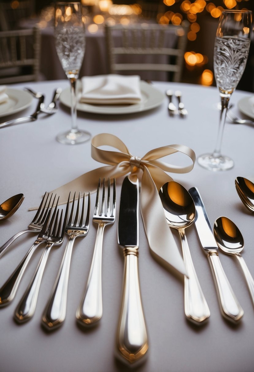 Silverware arranged neatly, tied with satin ribbon, on a classic wedding table