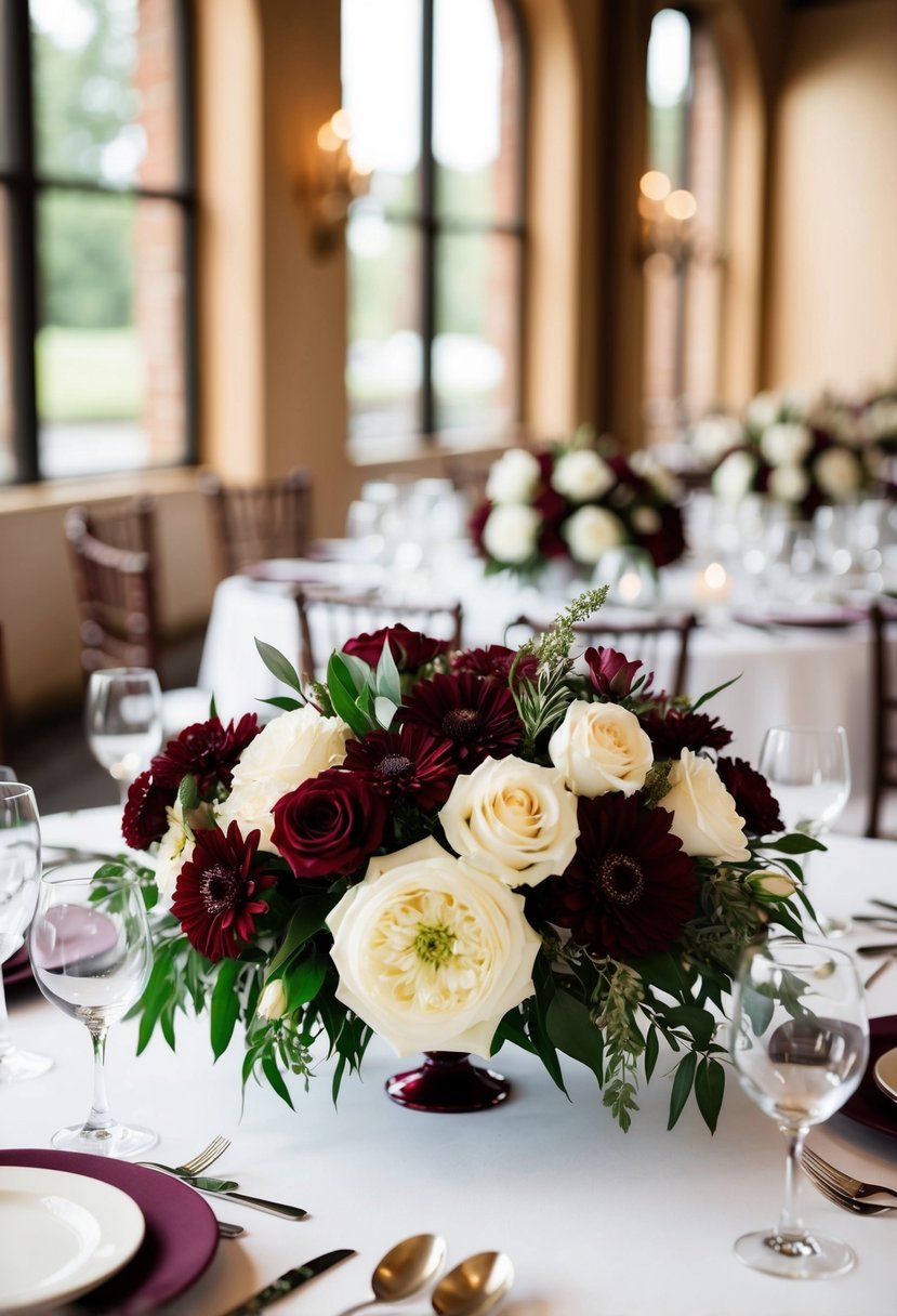 Burgundy and cream floral centerpieces adorn a wedding table, creating an elegant and romantic atmosphere