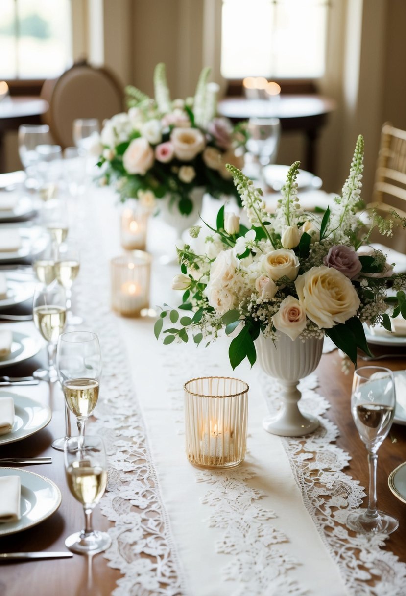 A table set for a classic wedding with vintage lace table runners, adorned with delicate floral centerpieces and elegant place settings