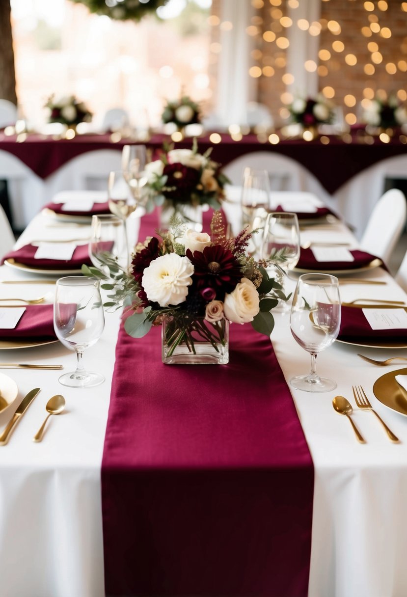 Burgundy table runners lay over white linens, adorned with gold accents and floral centerpieces