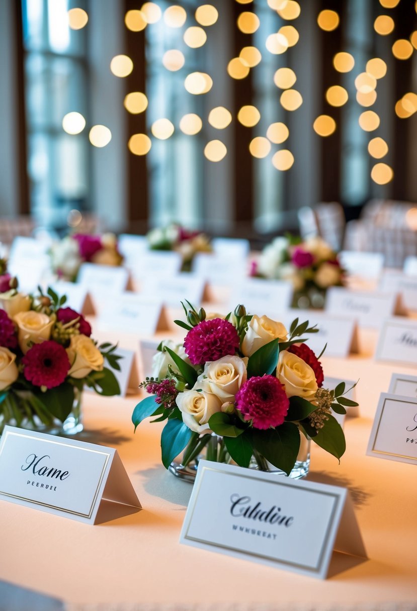 Elegant name cards arranged on a table with floral centerpieces