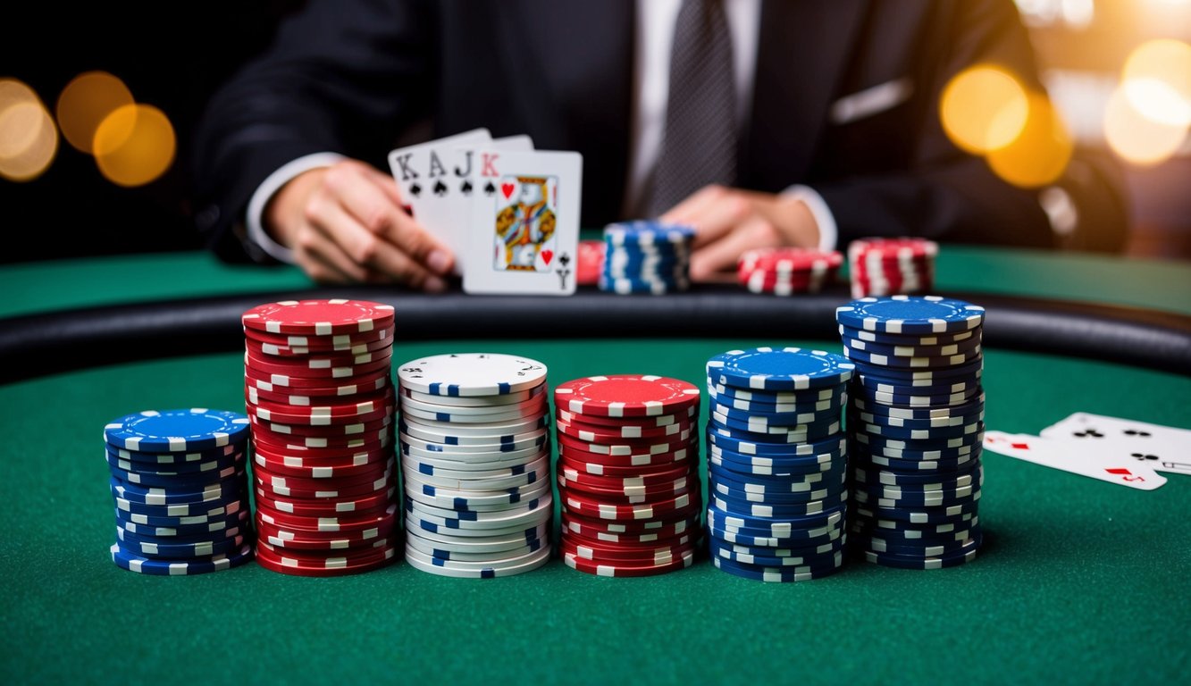 Sekelompok chip poker dan kartu permainan yang disusun di atas meja felt hijau, dengan tombol dealer dan tumpukan uang tunai di latar belakang