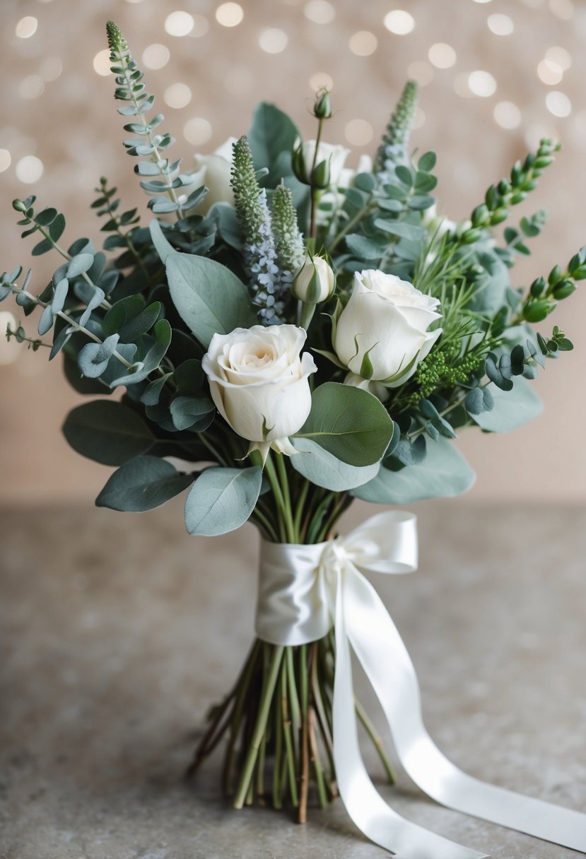 A delicate bouquet of sage, eucalyptus, and white roses tied with a satin ribbon