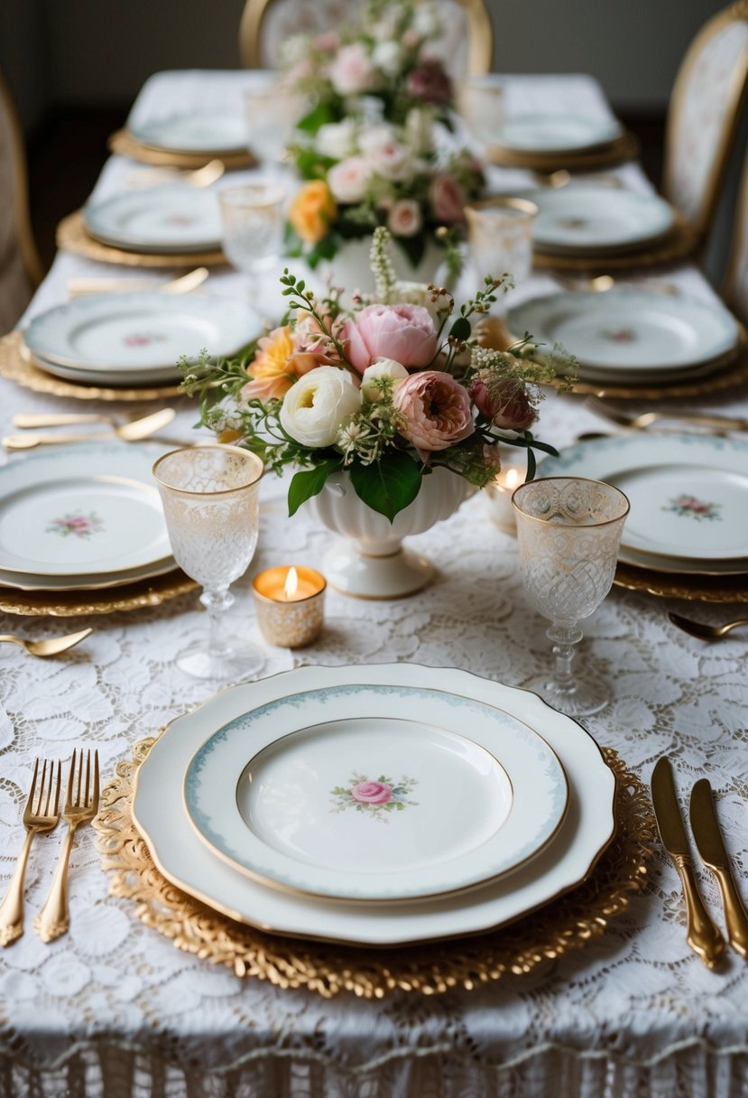 Elegant antique porcelain plates arranged on a lace tablecloth with delicate floral centerpieces