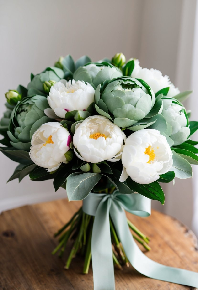 A lush bouquet of sage green and white peonies, tied with a delicate ribbon