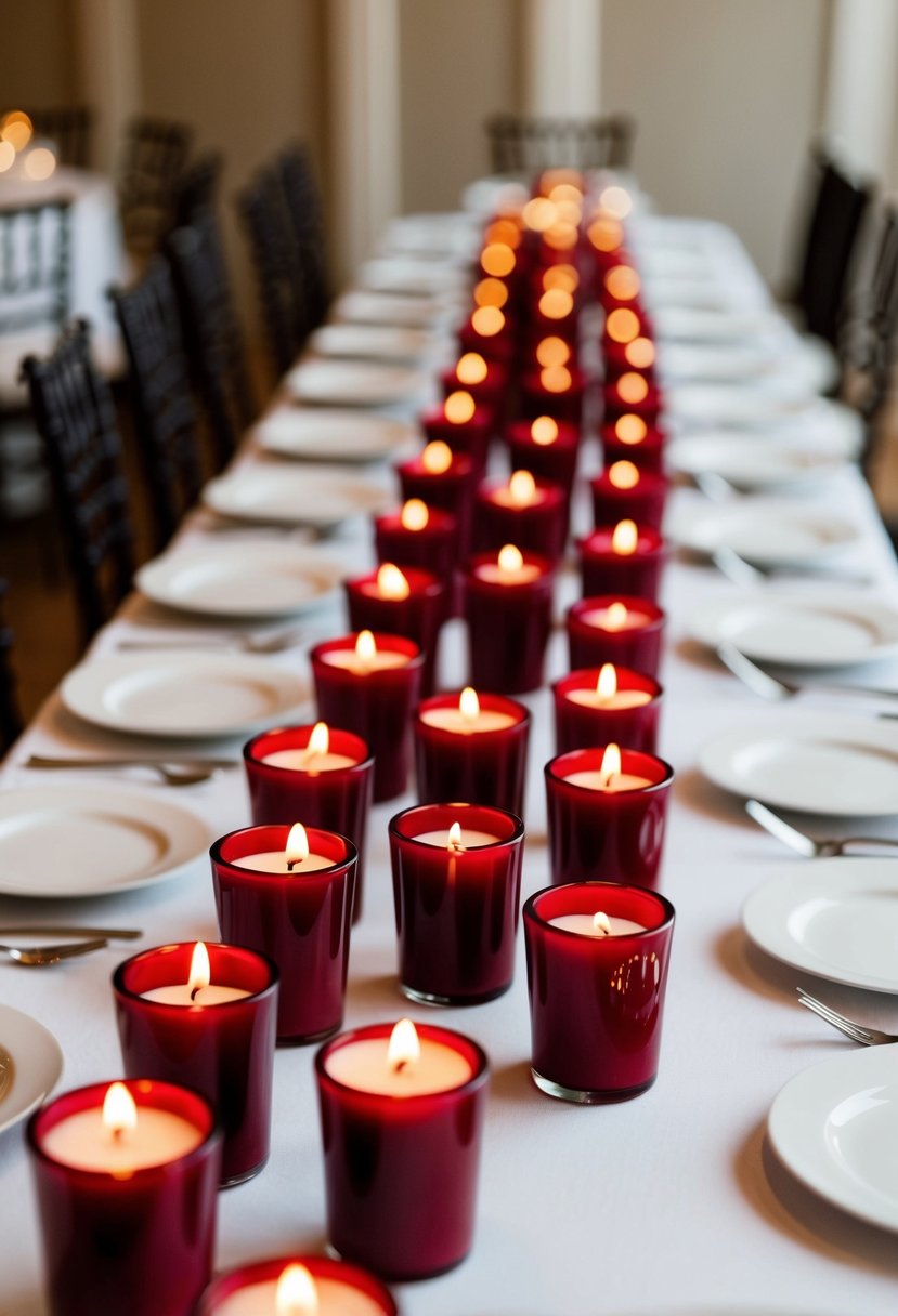 Burgundy votive candles arranged on wedding reception tables