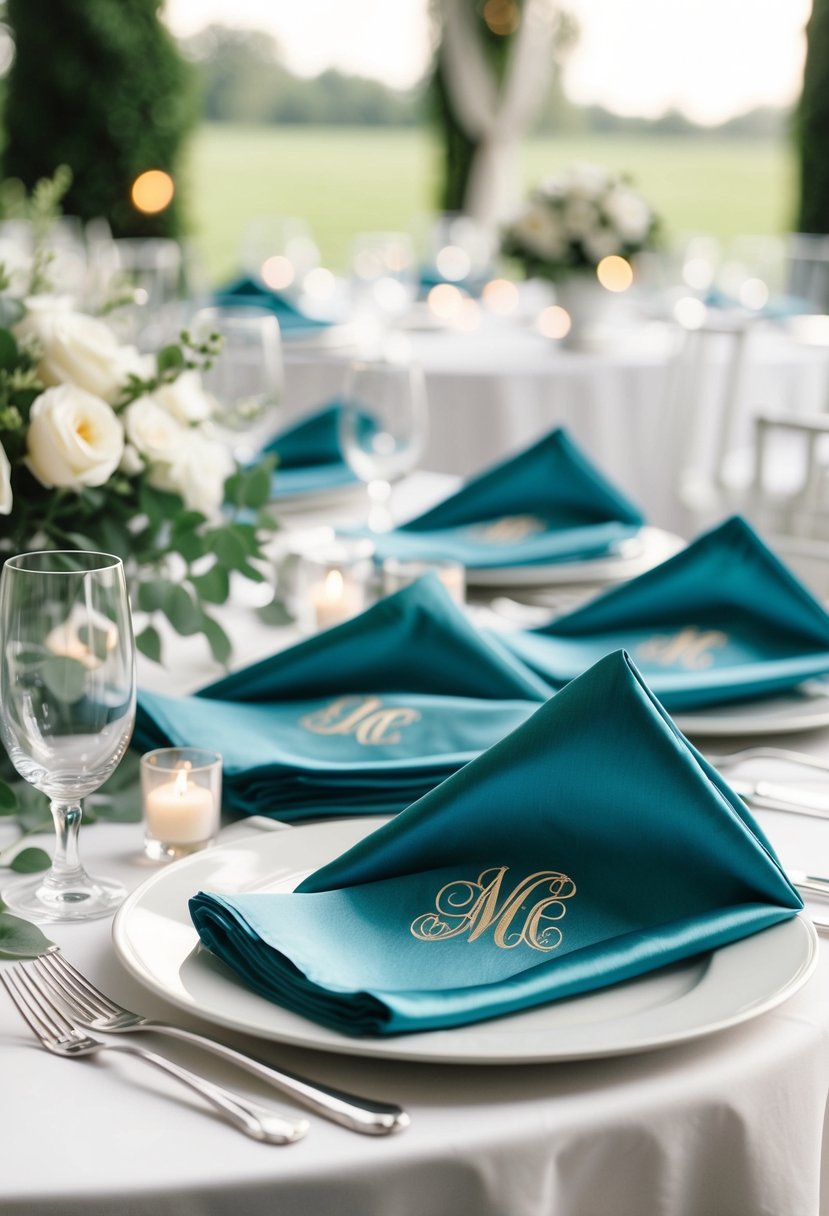 A table set with silk napkins folded neatly, each adorned with a monogram, creating an elegant and classic wedding table decoration