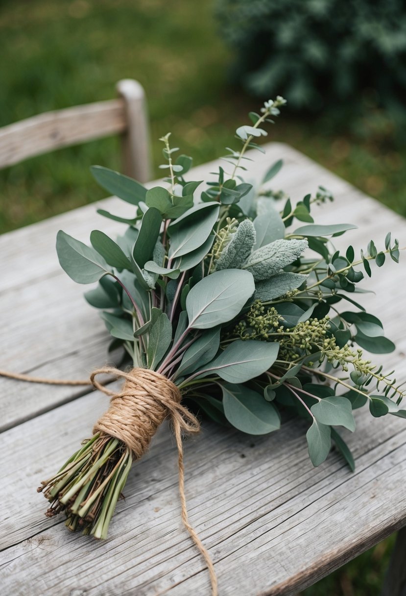 A rustic sage green wedding bouquet with eucalyptus and sage, tied with twine, resting on a weathered wooden table