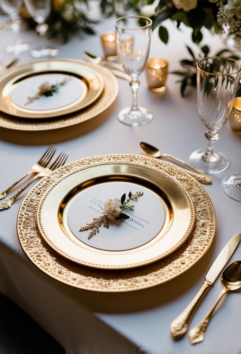 Gold charger plates with intricate embellishments arranged on a elegant wedding table setting