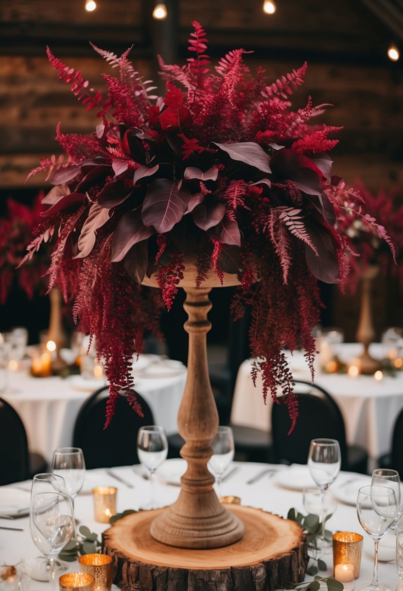 Burgundy foliage cascades from a rustic wooden centerpiece, adorning the wedding table with rich, autumnal hues