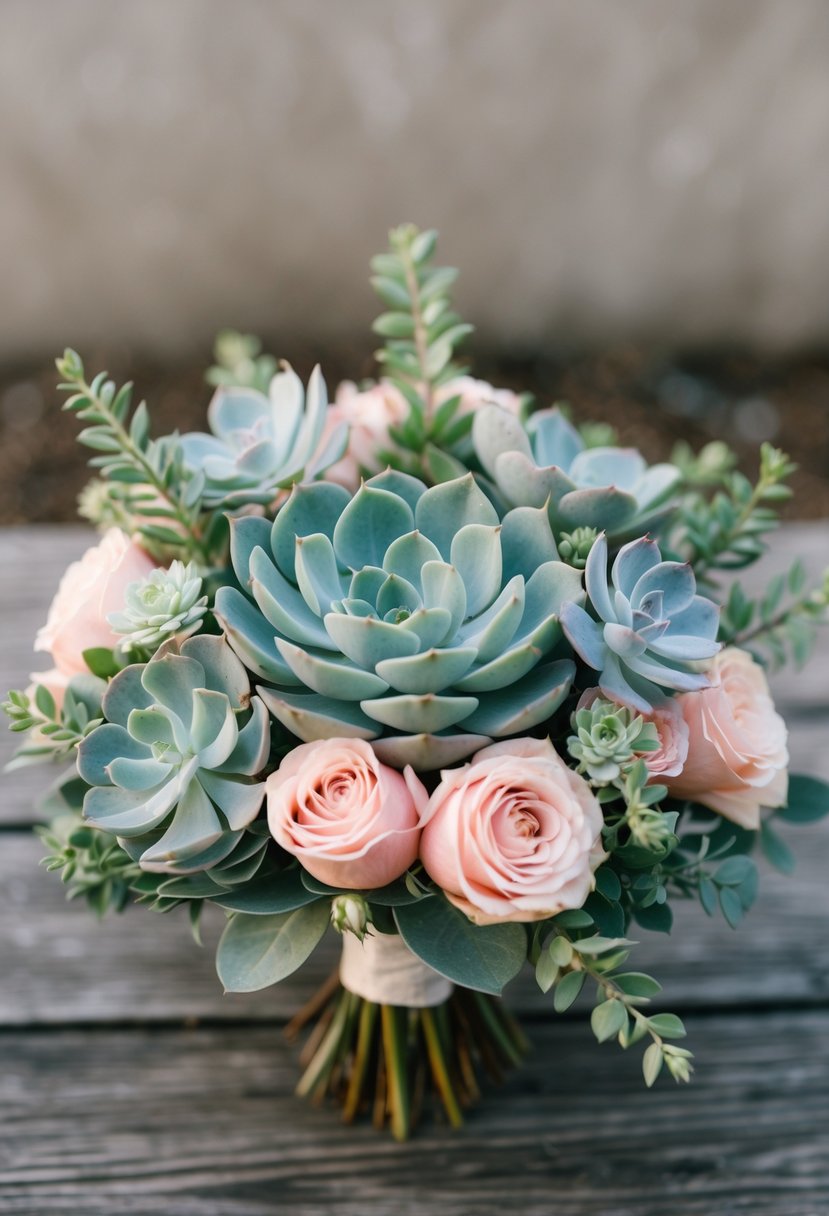 A delicate bouquet of sage green succulents and blush pink roses arranged in a rustic, natural style