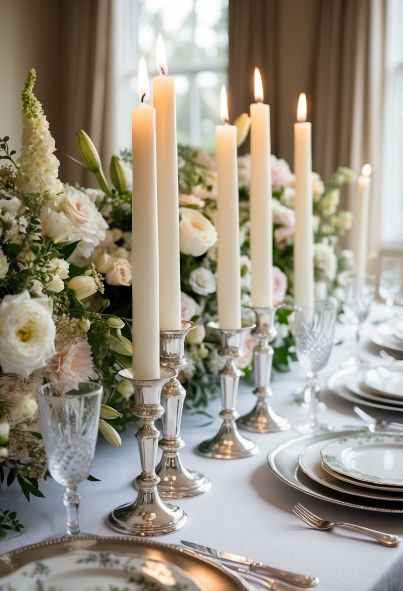 A table set with elegant white taper candles in silver candle holders, surrounded by delicate floral arrangements and fine china