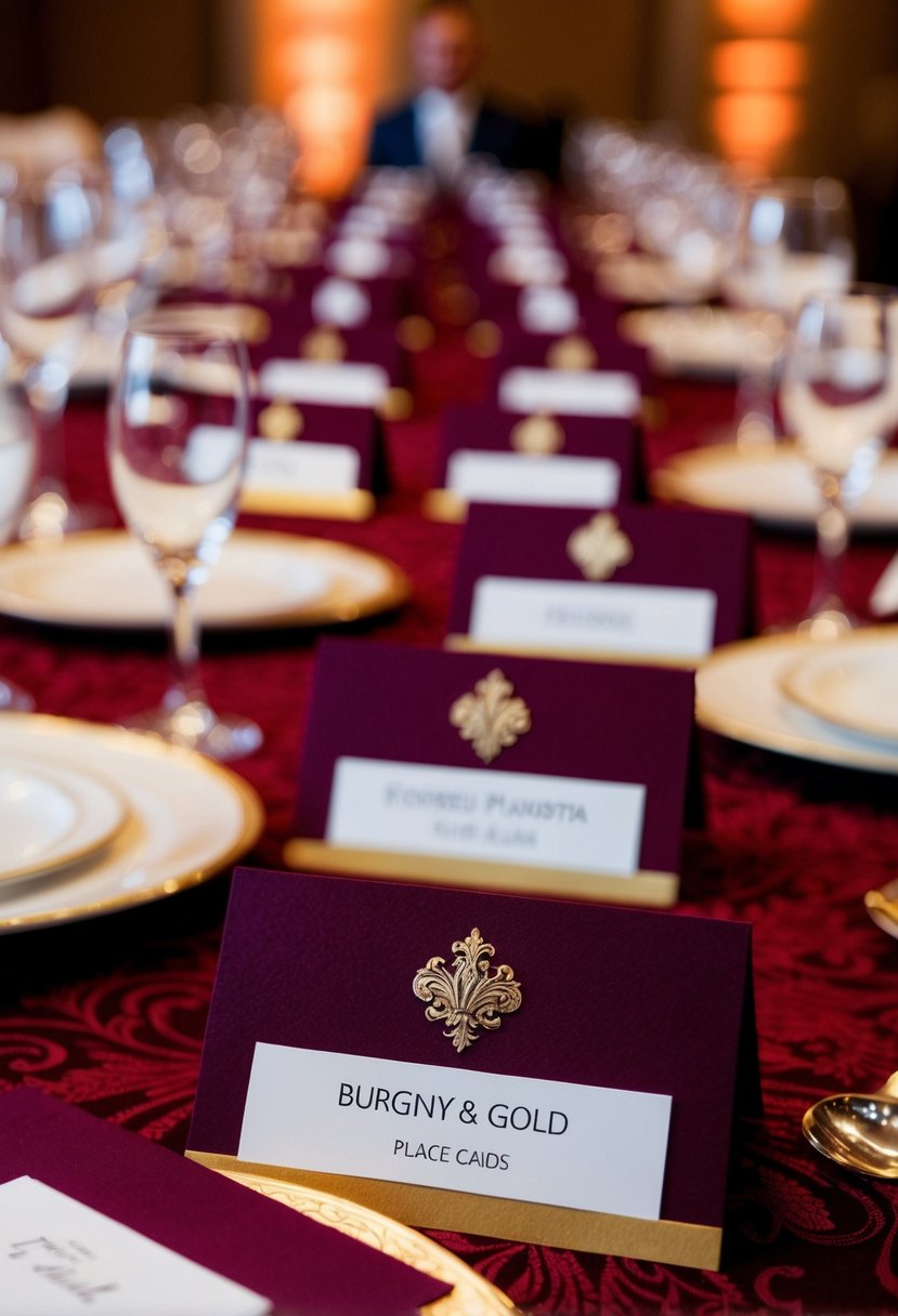 Burgundy and gold place cards arranged on a richly decorated wedding table