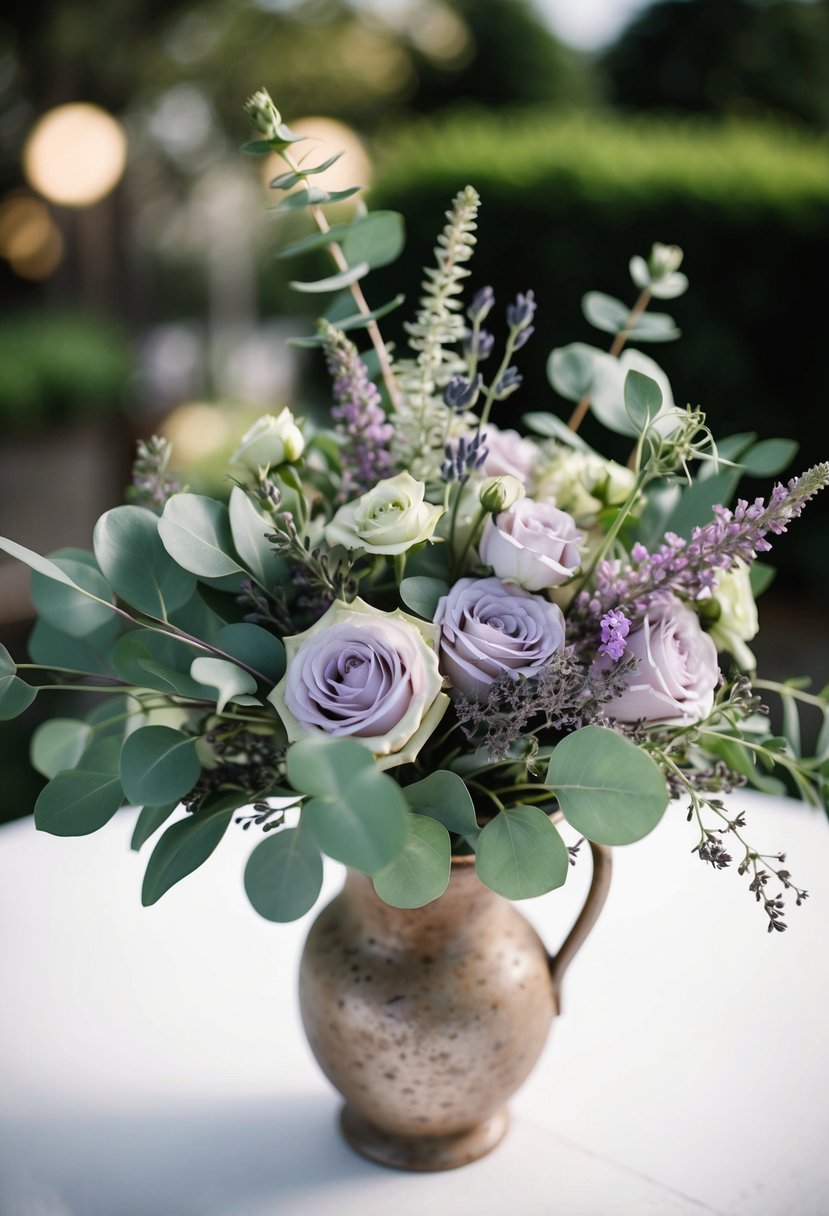 A delicate sage green and lavender wedding bouquet, featuring eucalyptus, roses, and other soft blooms, arranged in a rustic, vintage-inspired vase