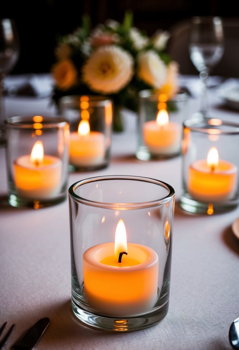 Glass votive holders with lit tea lights arranged on a wedding table