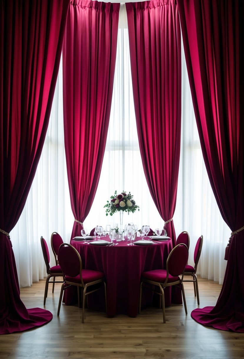 Burgundy curtains cascading around a wedding table, creating a dramatic and elegant atmosphere