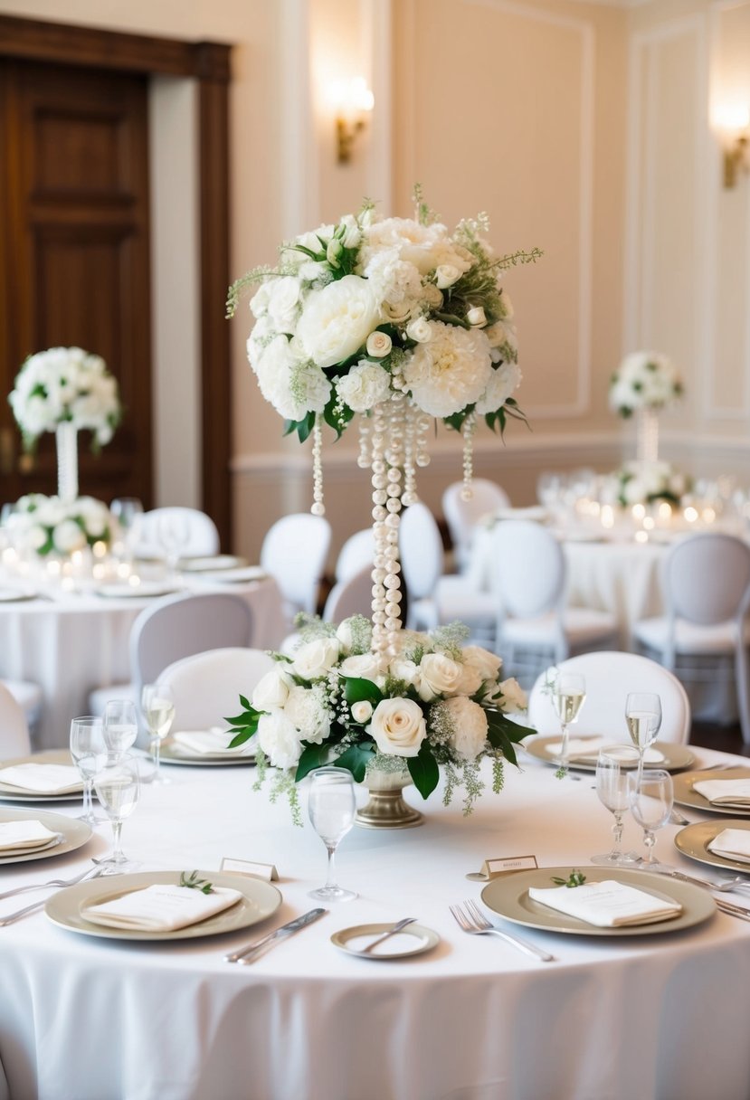 A white table adorned with pearl-themed centerpieces and elegant table settings for a classic wedding