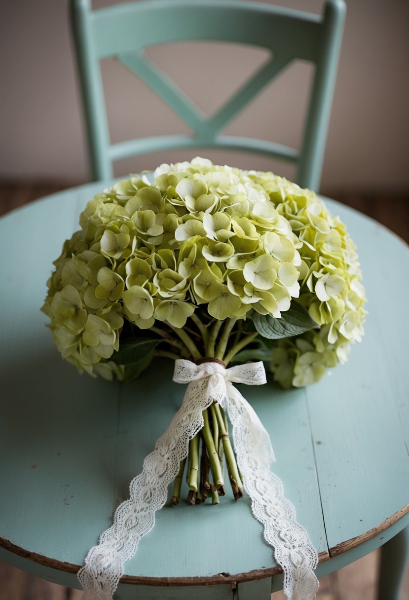 A vintage sage green wedding bouquet with hydrangeas, tied with a delicate lace ribbon, sits on a weathered wooden table