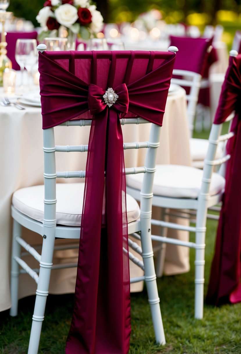 Burgundy chair sashes adorn chairs at a wedding reception table