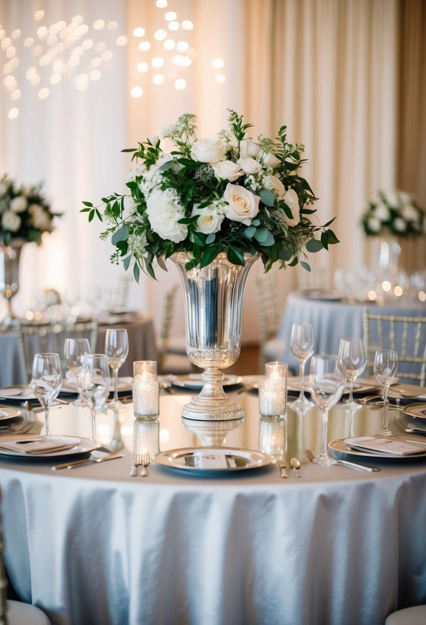 A silver table adorned with mirrors reflecting classic wedding decor