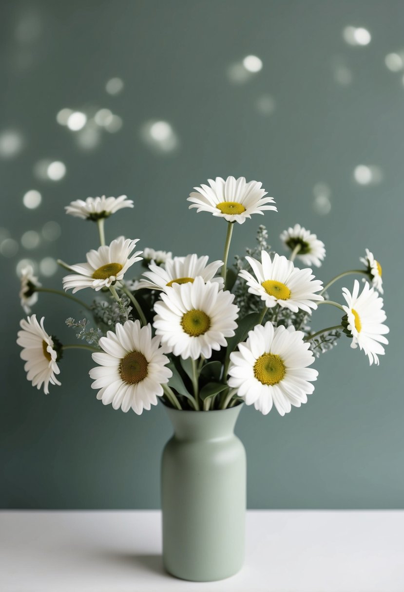 A simple sage green bouquet with white daisies in a modern, minimalist style