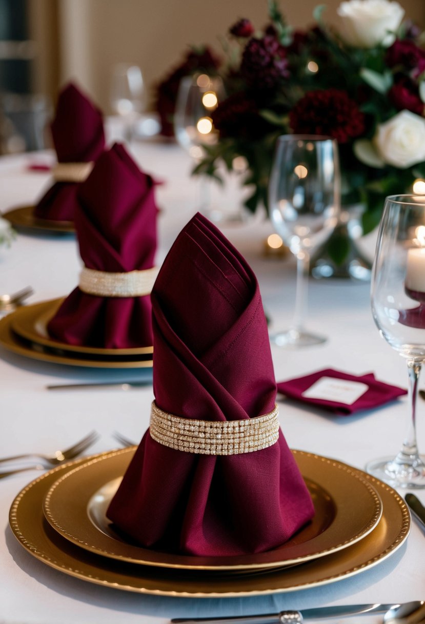 Burgundy napkins folded neatly, adorned with gold napkin rings, set on a table with elegant burgundy wedding decor