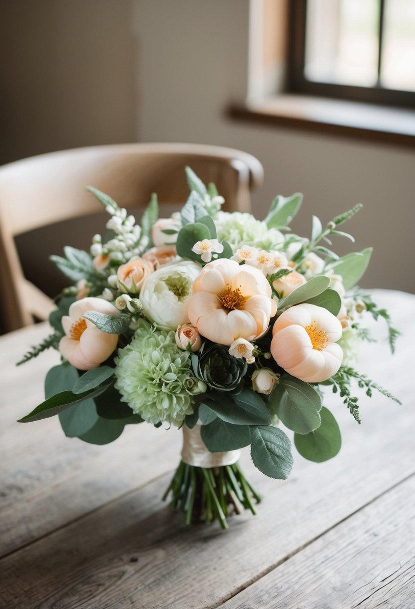 A delicate sage green and peach blossom wedding bouquet rests on a rustic wooden table