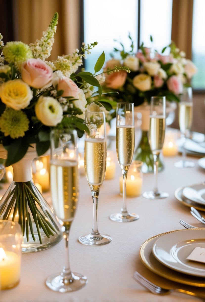 A table adorned with elegant champagne flute centerpieces, filled with delicate flowers and surrounded by flickering candlelight