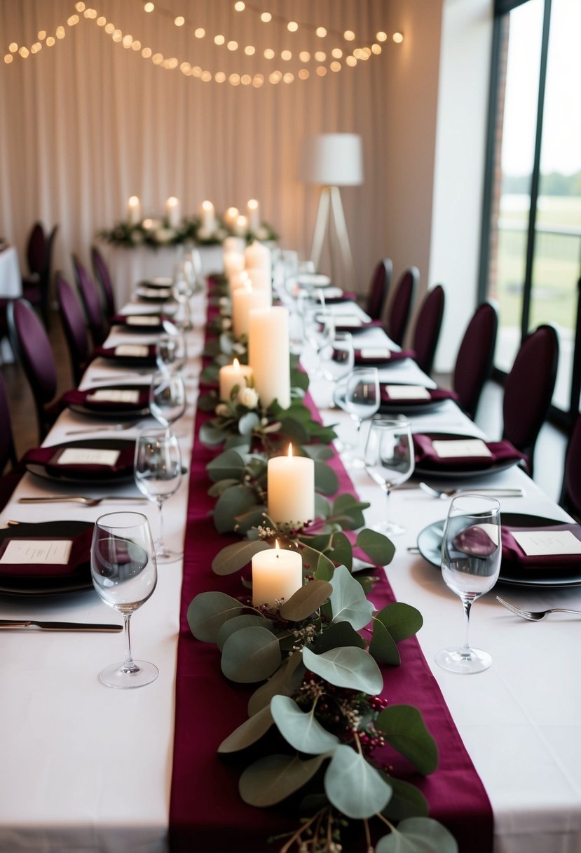 A table set with burgundy and green eucalyptus garlands, adorned with candles and floral arrangements, creating a romantic and elegant wedding atmosphere