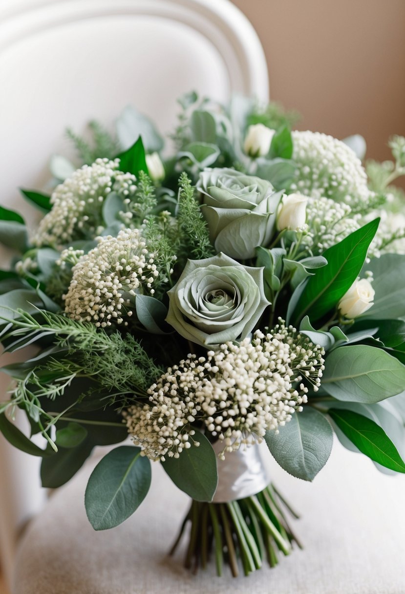 A lush sage green wedding bouquet with delicate baby's breath accents