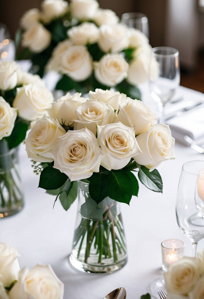 A table adorned with classic white rose bouquets, creating an elegant and timeless wedding decoration