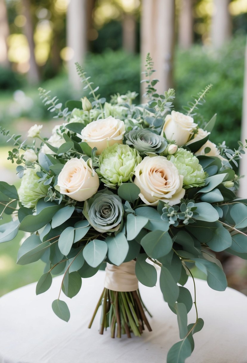 A lush sage green wedding bouquet with garden roses and eucalyptus, arranged in a delicate and romantic style