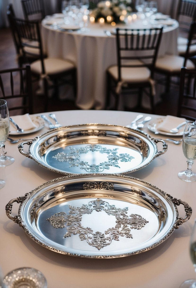 Two ornate silver serving trays adorned with intricate designs and delicate handles, placed on a beautifully set wedding reception table