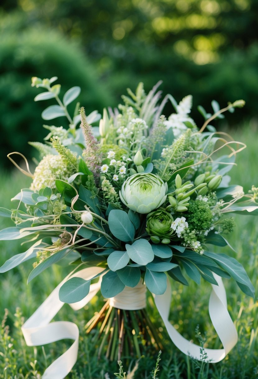 A lush bouquet of sage green foliage and wildflowers, intertwined with delicate vines and ribbons