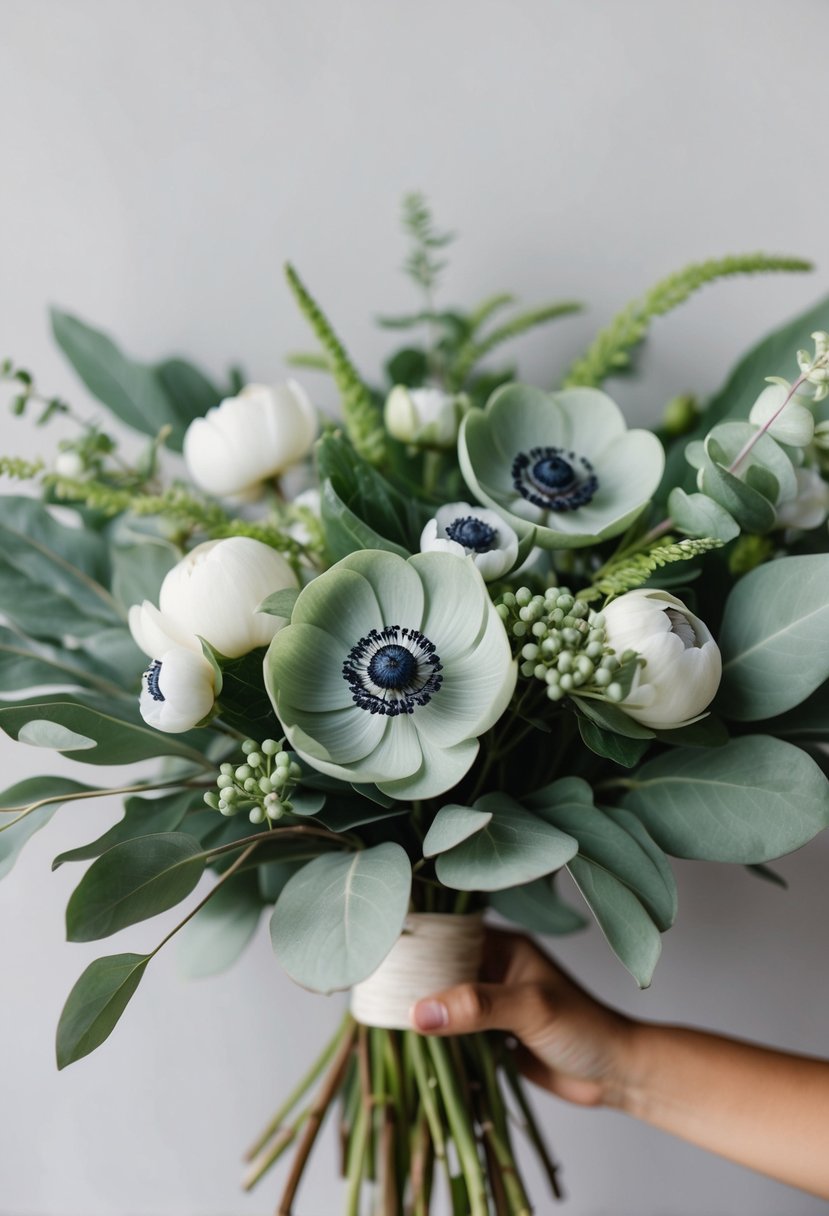 A delicate sage green and anemone bouquet, with soft foliage and elegant blooms, arranged in a simple yet sophisticated manner