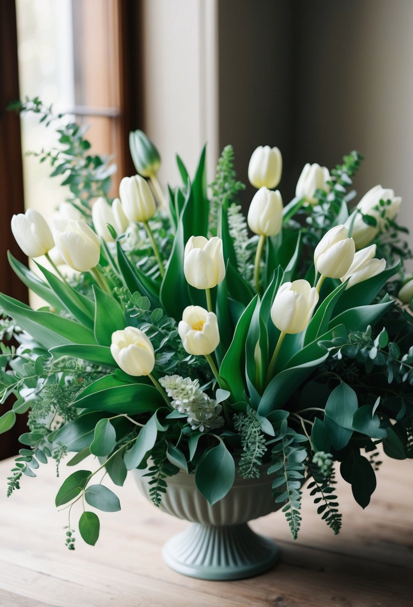 A lush bouquet of sage green foliage and delicate tulips arranged in a classic, elegant style