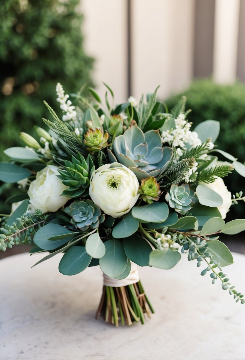 A lush sage green wedding bouquet with mistletoe undertones, featuring eucalyptus, succulents, and delicate white flowers