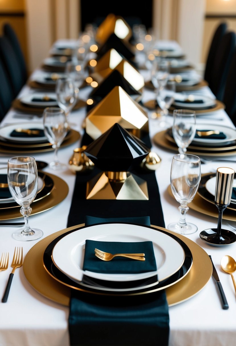 An elegant art deco table setting with geometric centerpieces, metallic accents, and a black and gold color scheme