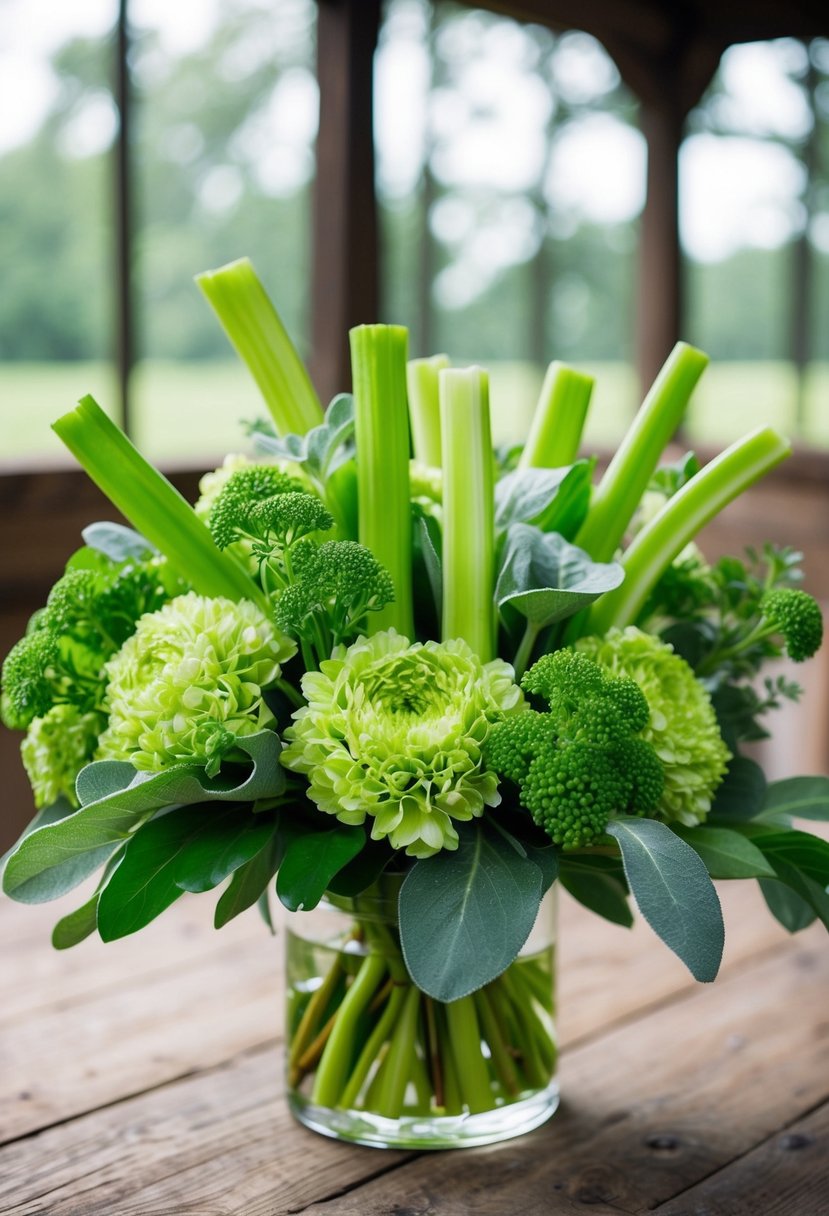 A sage green bouquet with celery stick accents sits on a rustic wooden table