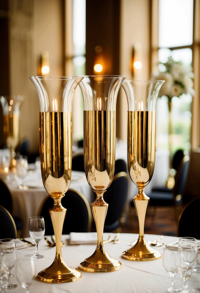 Gleaming gilded glass vases stand tall on an art deco wedding table, catching the light and adding a touch of elegance to the decor