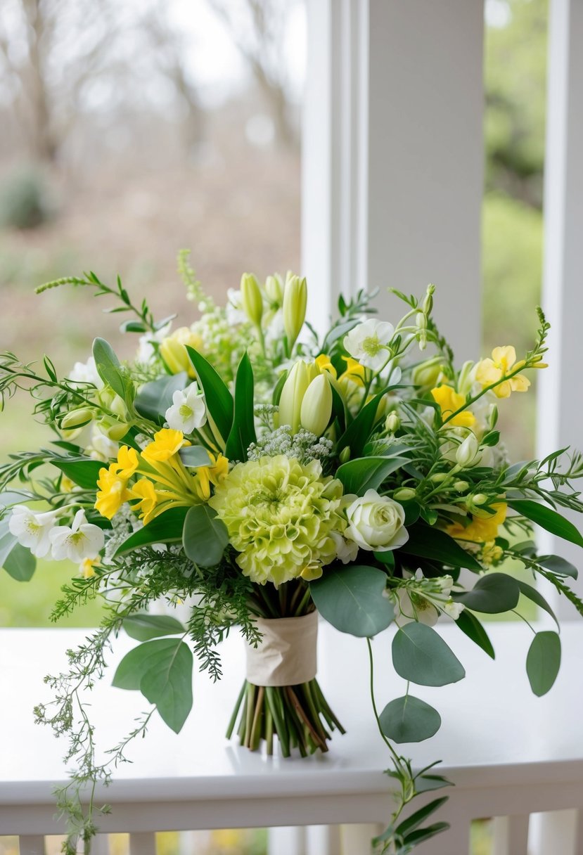 A spring wedding bouquet features sage green and yellow hues, with delicate flowers and lush greenery intertwined in a natural, elegant arrangement