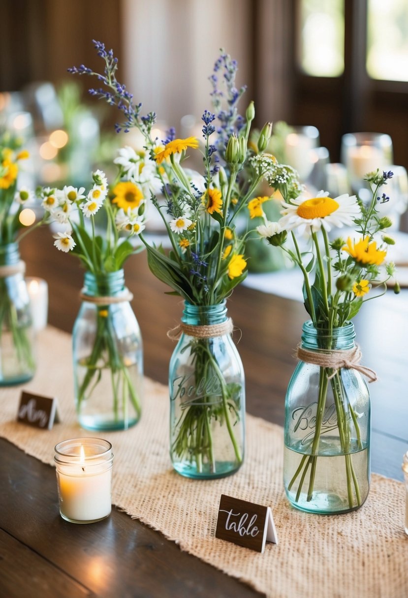 A table adorned with simple glass vases filled with wildflowers and candles in mason jars. A burlap table runner and small wooden signs add rustic charm