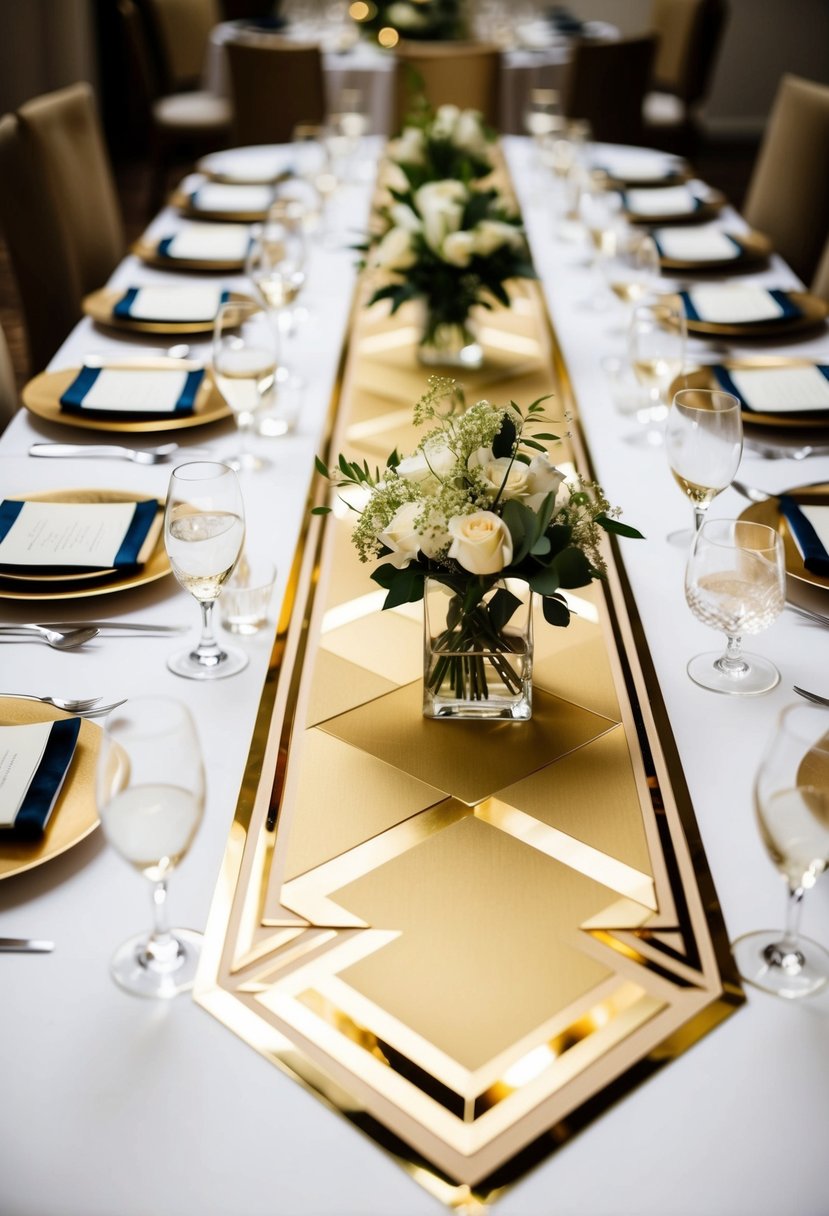 Gold-trimmed geometric table runners adorn an art deco wedding table