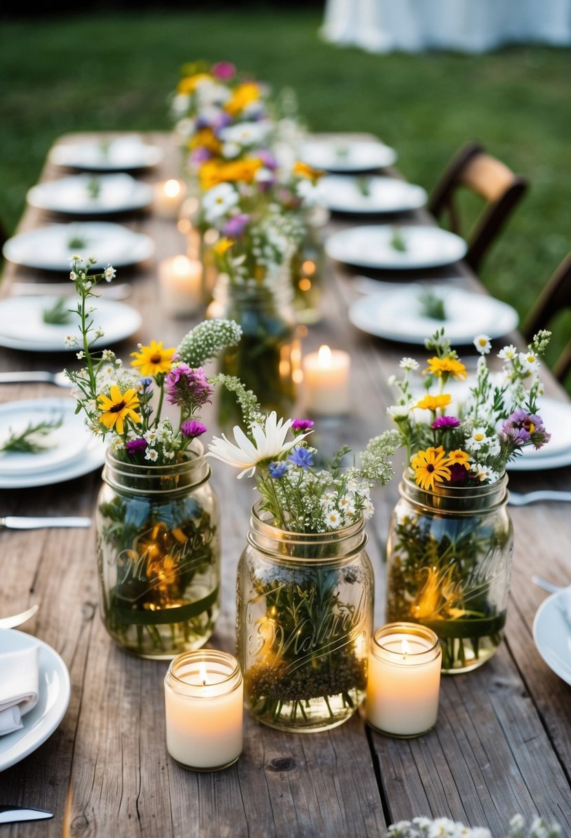 Mason jars filled with wildflowers and candles, arranged on rustic wooden tables for a budget-friendly wedding centerpiece